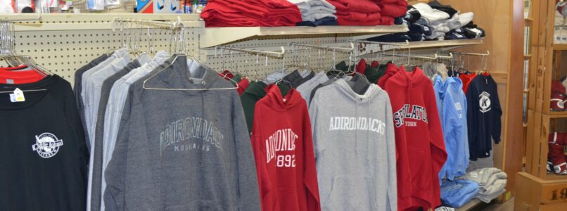 Display of Adirondack sweatshirts and apparel.