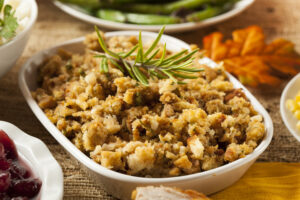 Homemade thanksgiving stuffing in a white bowl