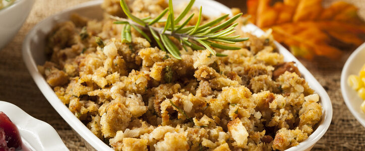 Homemade thanksgiving stuffing in a white bowl