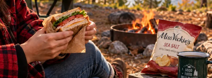 A cast-iron skillet filled with cooking sausages and peppers over a stone campfire ring, next to a picnic table holding a blue cooler, chopped vegetables, and firewood at sunset.